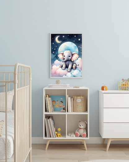 Poster Cute Elephant on Clouds Childs Room