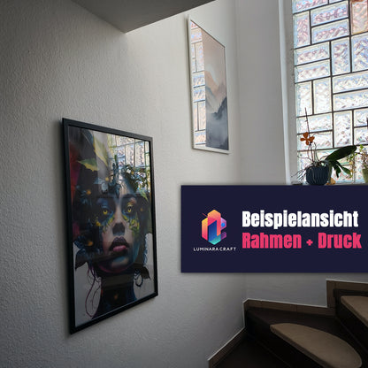 Echtes Produktfoto mit Rahmen und Spiegelung – zeigt die hochwertige Verarbeitung und realistische Optik des Wandbildes, ideal zur Veranschaulichung der Druckqualität