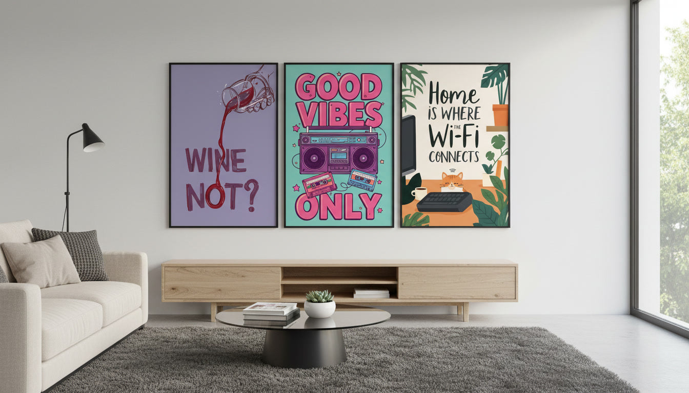 Zusammenstellung von 3 Spruchpostern in einem modernen Wohnzimmer.