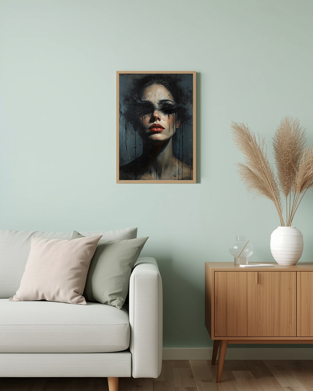 Abstraktes Poster „Dark Blindfolded Woman“ – perfektes Geschenk für Kunstliebhaber und Fans zeitgenössischer Wohnkultur.