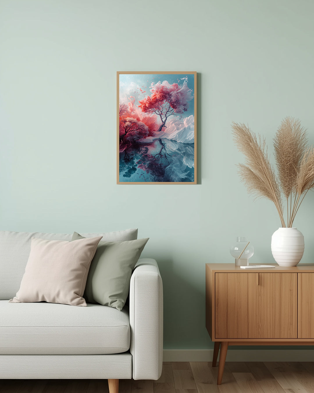 Abstraktes Poster „Light Mirage“ – Eissee, rosa Bäume und Spiegelungen, perfektes Geschenk für Fans harmonischer Naturmotive.