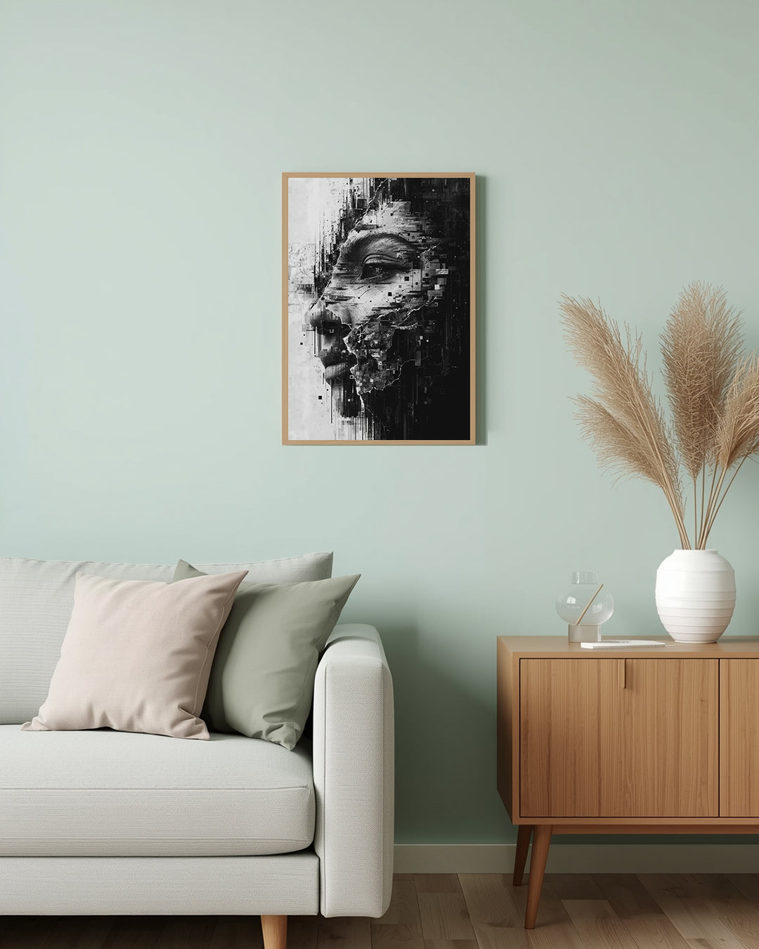 Abstraktes Poster „Monochrom Glitch“ – ideales Geschenk für Designliebhaber, die digitale Kunst und Glitch-Ästhetik schätzen.