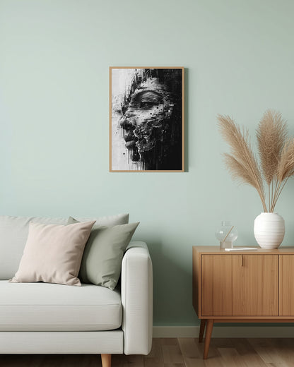 Abstraktes Poster „Monochrom Glitch“ – ideales Geschenk für Designliebhaber, die digitale Kunst und Glitch-Ästhetik schätzen.