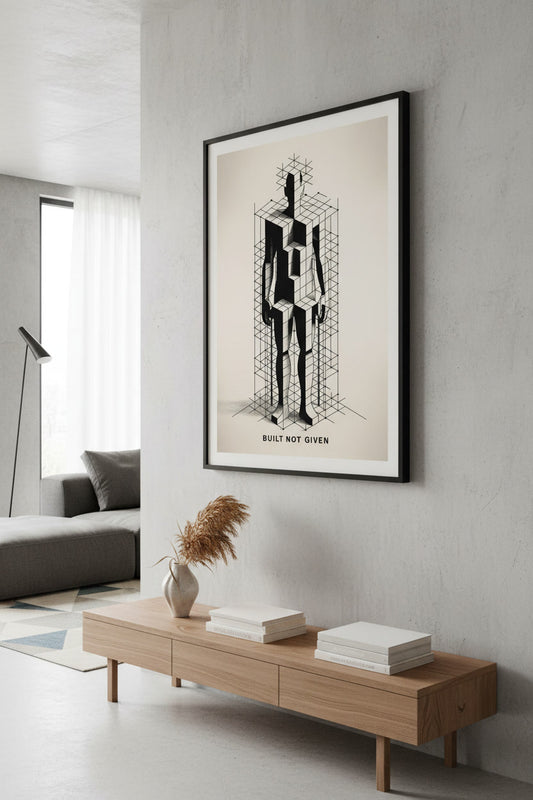 Moderne Motivationswand „Built Not Given“ – Würfel-Körper Illustration