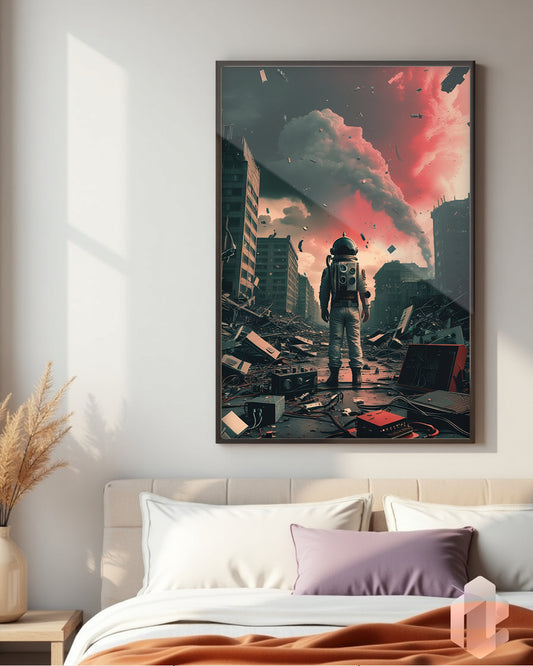 „Endzeit“ Poster: Apokalyptische Zerstörung und futuristische Einsamkeit mit einem Astronauten in einer zerstörten Welt