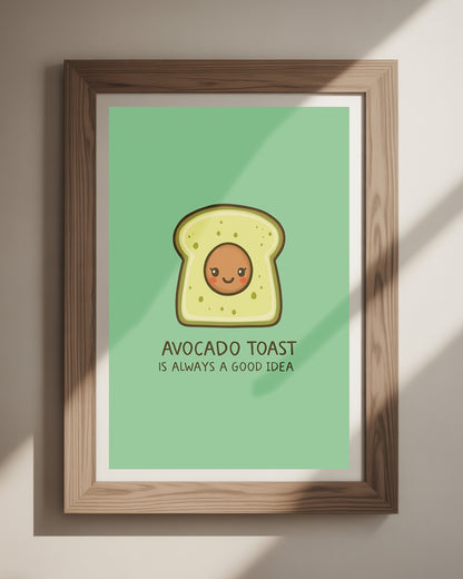 Lustiges ‚Avocado Toast‘ Spruchposter als Kunstdruck 50x70 cm – witziges Wandbild für die Küche oder das Esszimmer, ideal für Frühstücksliebhaber.