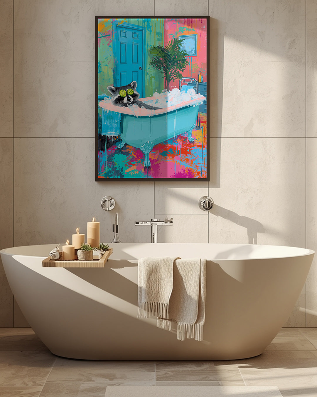 Badezimmer-Poster Waschbär mit Gurkenmaske in Badewanne, 50x70 cm
