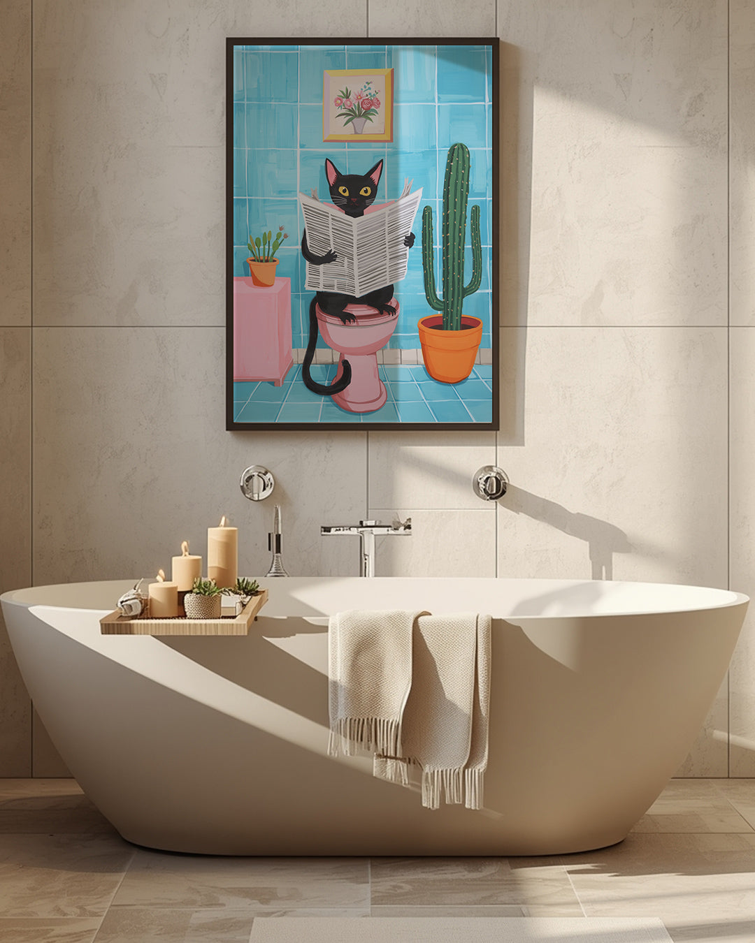Lustiges WC Poster schwarze Katze mit Zeitung – buntes Wandbild