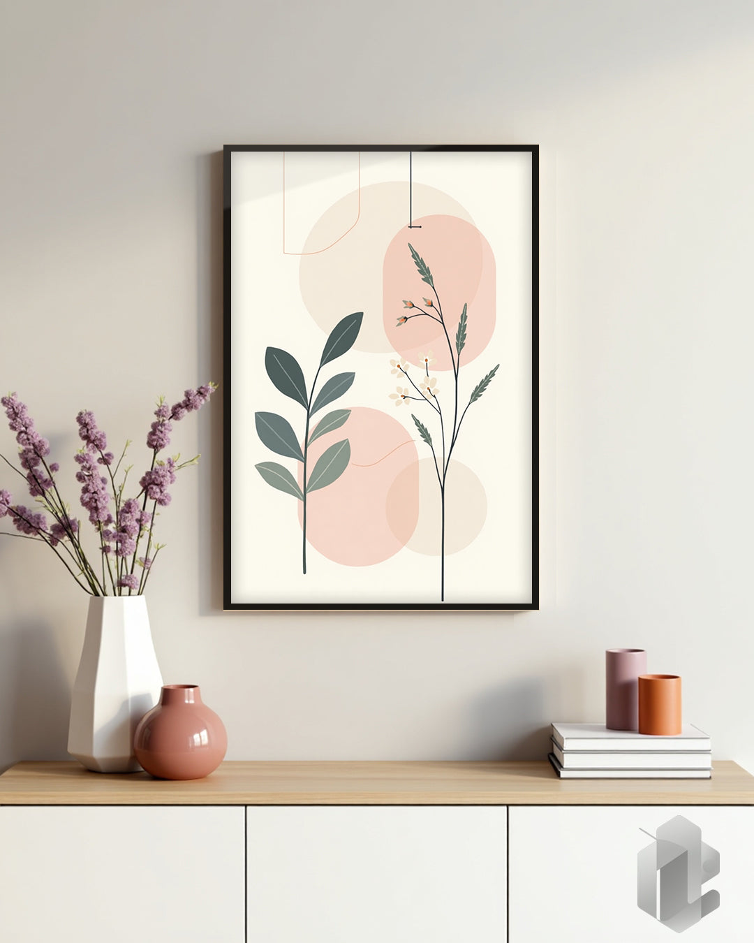 „Round Shape Leafs I“ Poster: minimalistisches Wandbild für moderne Wohnzimmer im Boho Stil.