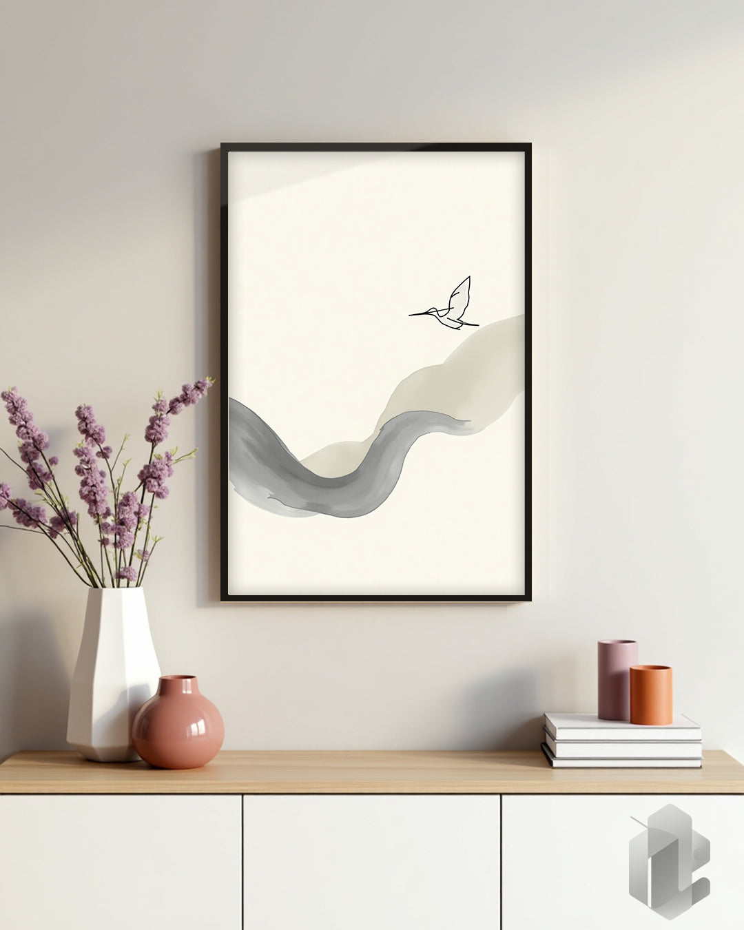 „Brushstring“ Poster: Minimalistische Kunst mit fließenden Pinselstrichen und Colibri für eine kreative Raumgestaltung