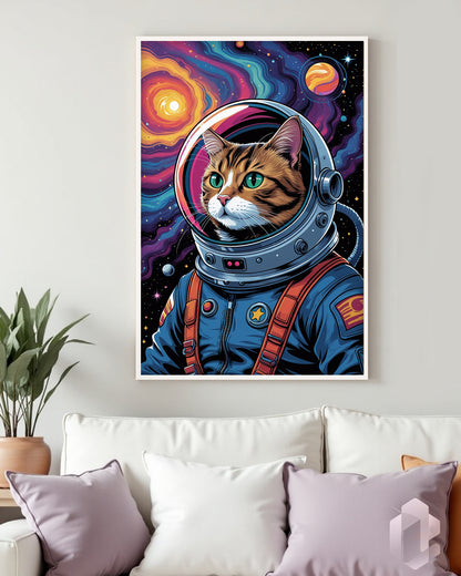Catstronaut Poster: Lustige und farbenfrohe Katze im Raumanzug mit Sternenhimmel für ein verspieltes Kinderzimmer