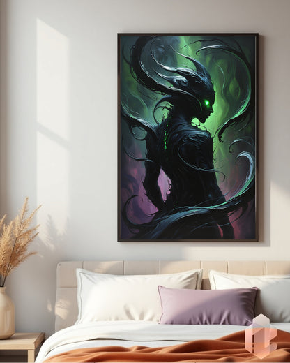 Dark Entity Poster mit leuchtenden lila und grünen Akzenten für eine unheimliche Atmosphäre