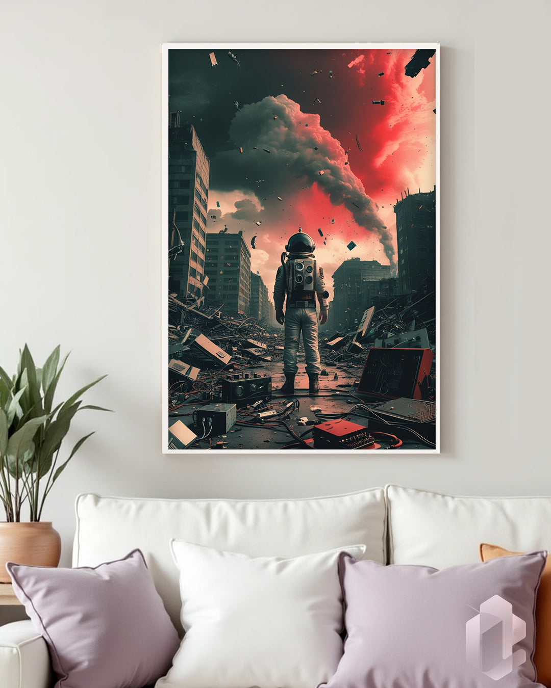 „Endzeit“ Poster: Dystopische Wandkunst mit einem Astronauten in einer einsamen, zerstörten Landschaft
