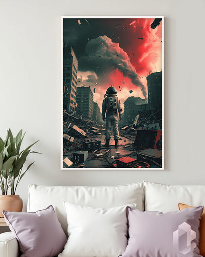 „Endzeit“ Poster: Dystopische Wandkunst mit einem Astronauten in einer einsamen, zerstörten Landschaft