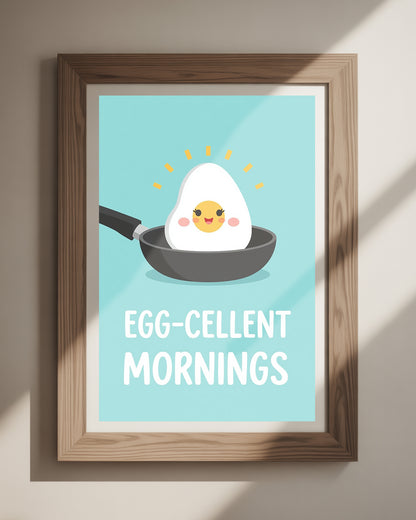 Lustiges ‚Egg-Cellent Mornings‘ Spruchposter als Kunstdruck 50x70 cm – witziges Frühstücks Poster für die Küche oder das Esszimmer.