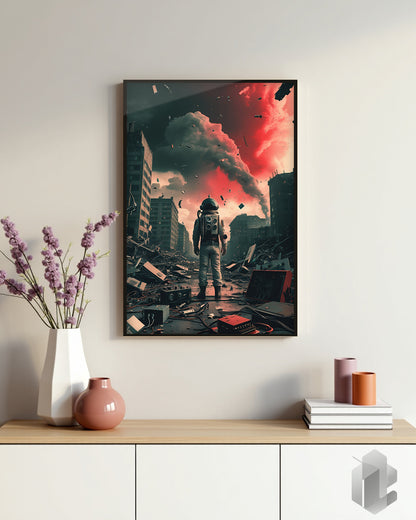 „Endzeit“ Poster: Astronaut in apokalyptischer Landschaft für eine düstere, futuristische Atmosphäre im Wohnzimmer