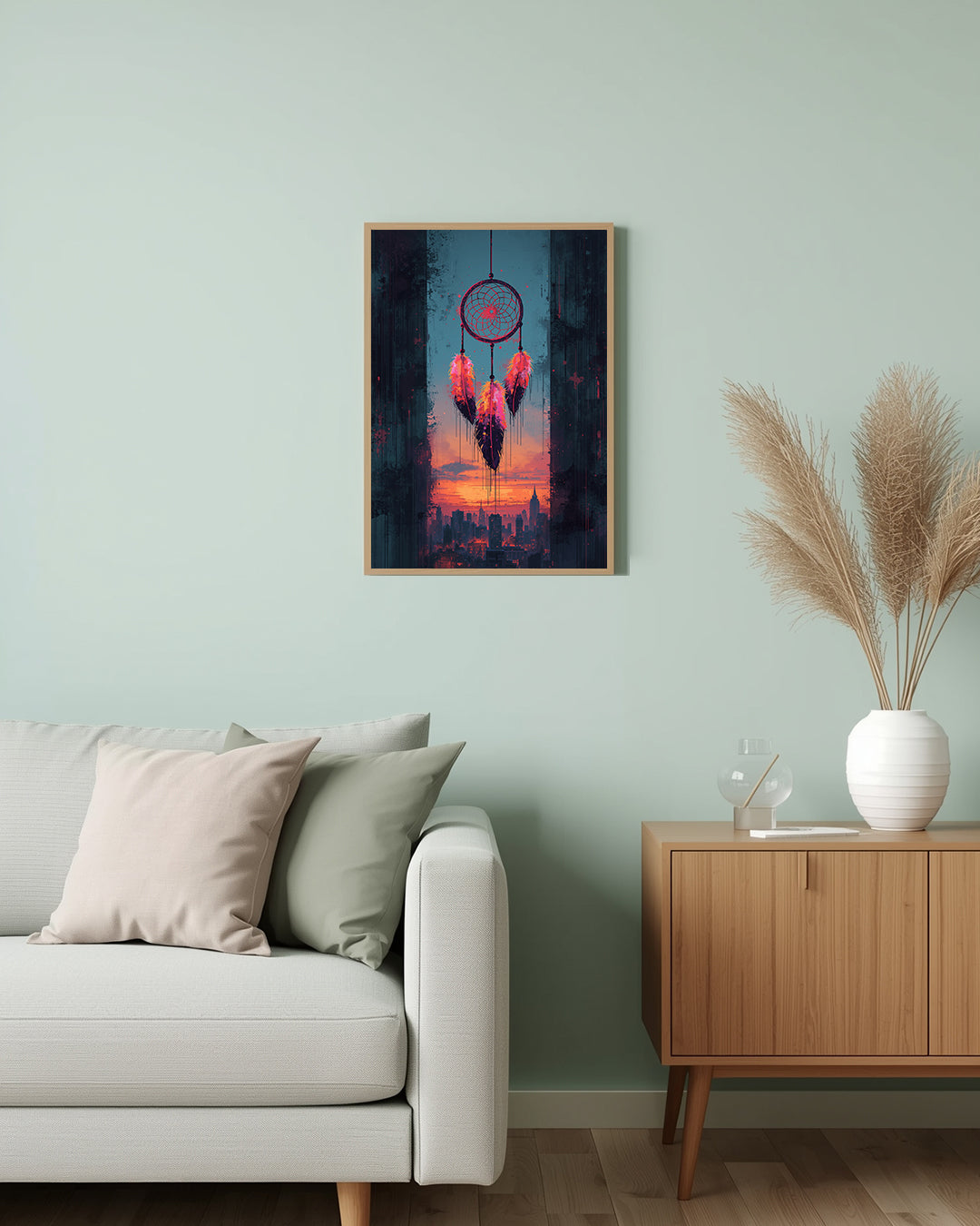 Futuristischer Dreamcatcher – Neon-Inspiration trifft auf Traumfänger-Design für eine magische Wanddekoration im modernen Wohnzimmer oder Büro.