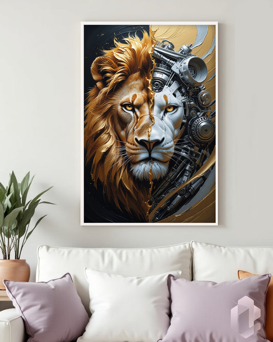 Futuristischer Löwe im Hybrid-Stil: Kunstvolles Poster für Technik- und Tierliebhaber