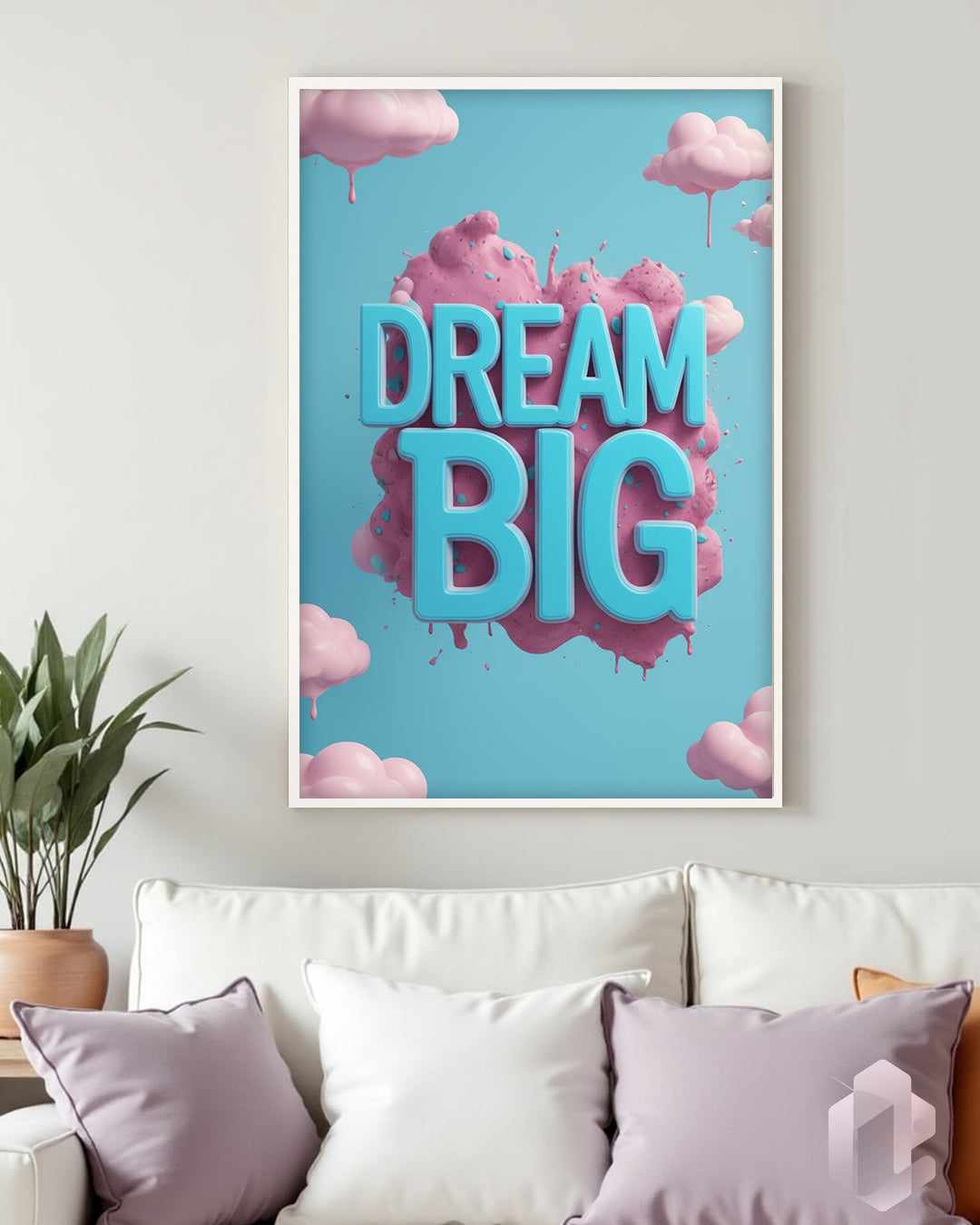 Gerahmtes Poster „Dream Big“ – modernes Typo-Design mit sanften Pastellfarben, perfekt als Geschenk für Freunde und Familie.
