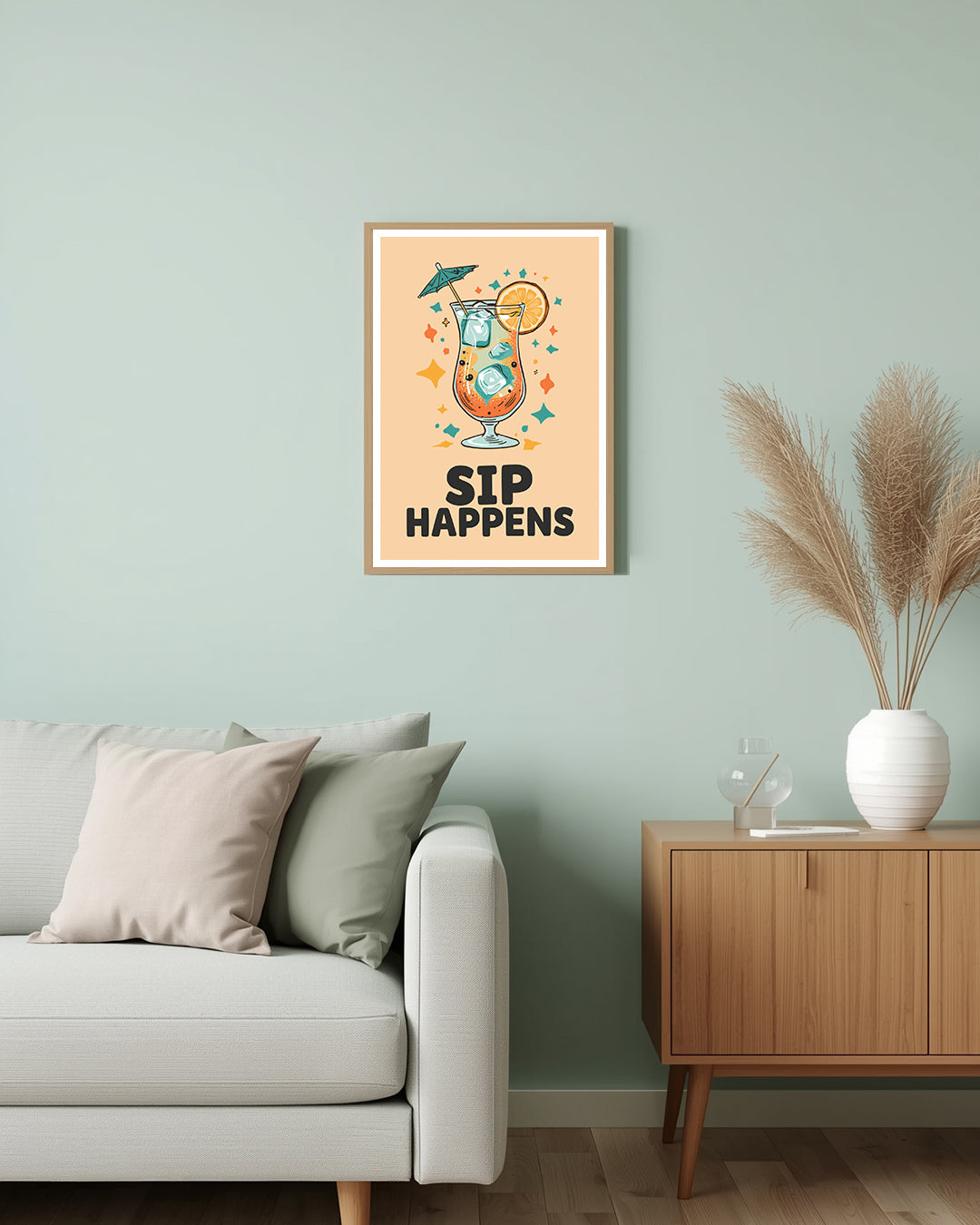 Spruchposter „Sip Happens“ – perfektes Geschenk oder stylische Deko für alle, die Humor und Stil lieben.