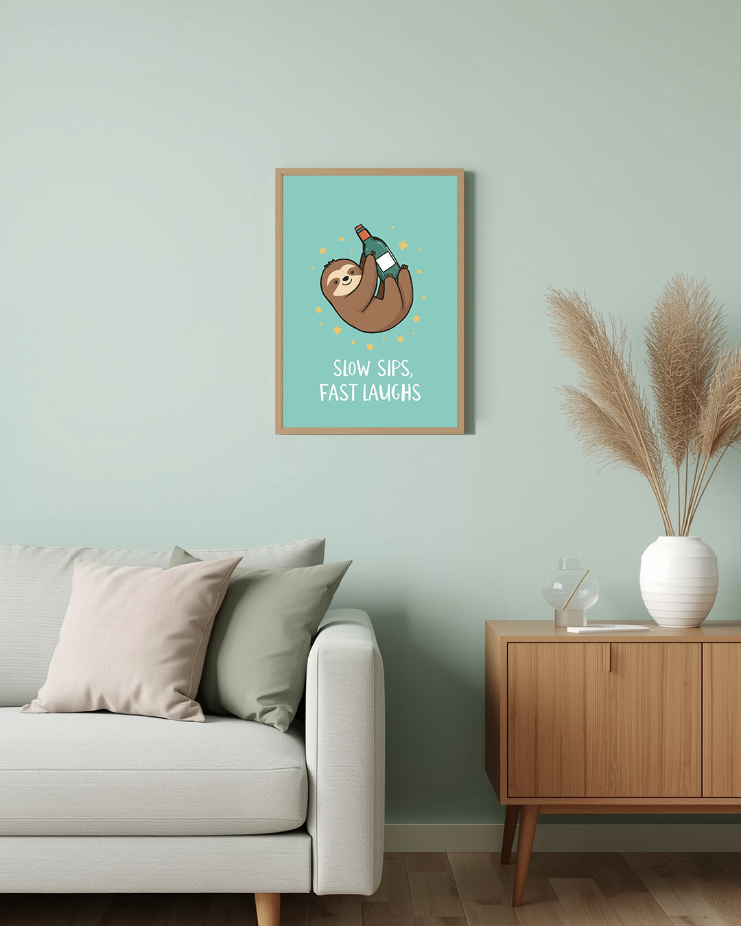 Spruchposter mit witzigem Faultier-Motiv „Slow Sips, Fast Laughs“ – perfektes Geschenk oder Deko für Zuhause 30x40cm.