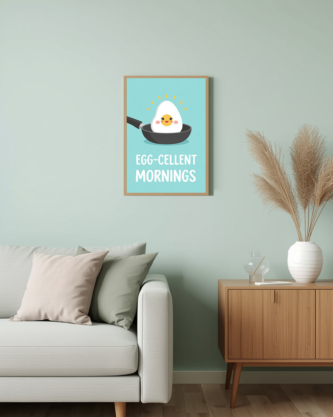 Spruchposter „Egg-Cellent Mornings“ – minimalistische Wanddeko, perfekt für Frühstücksbereich oder Büro.