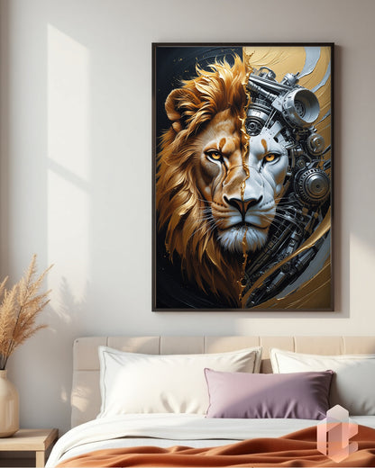 Löwen Poster im Hybrid-Design: Hälfte Natur, Hälfte Maschinenteile – ideal für kreative und moderne Räume