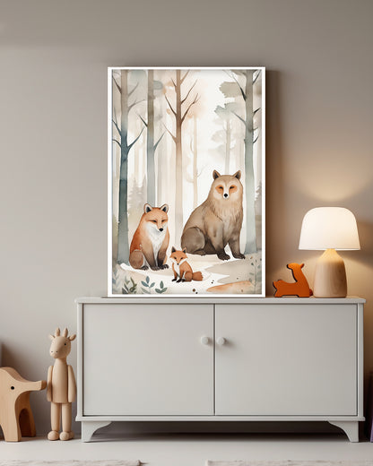 „Animal Friends“ Poster: Freundliche Tiere, die zusammen spielen – perfekte Wanddekoration für ein Kinderzimmer