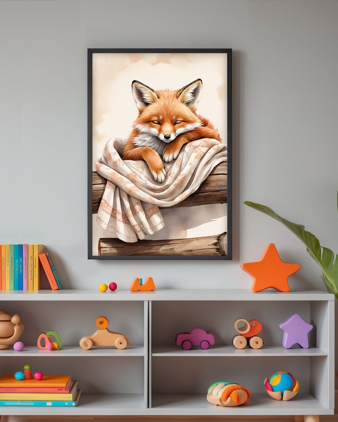 Sanfte Farben und ein schlafender Fuchs: „Sleeping Fox“ Poster für ein ruhiges und einladendes Kinderzimmer