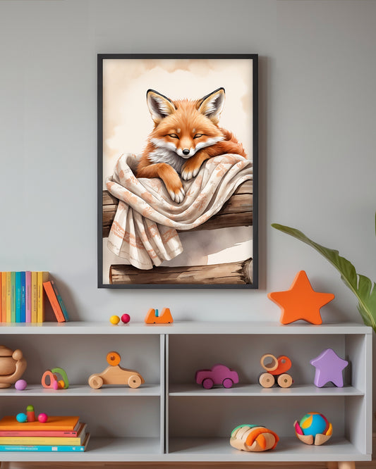 Sanfte Farben und ein schlafender Fuchs: „Sleeping Fox“ Poster für ein ruhiges und einladendes Kinderzimmer