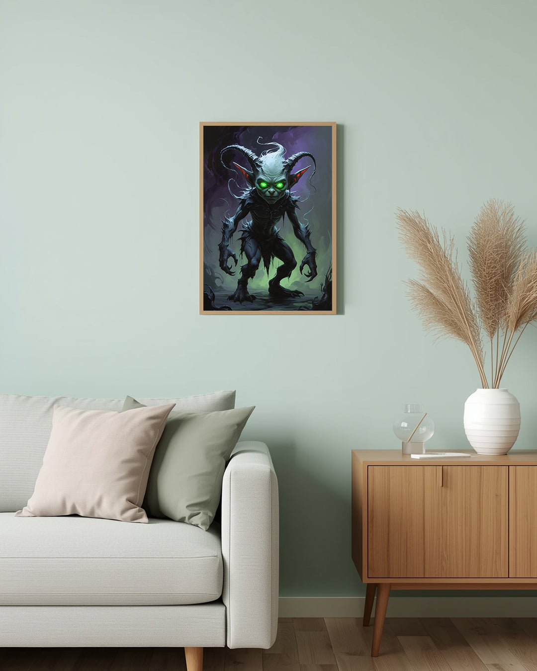 Dunkles Kunstwerk „Small Creature“ mit grünen Augen für ein geheimnisvolles und fantasievolles Ambiente