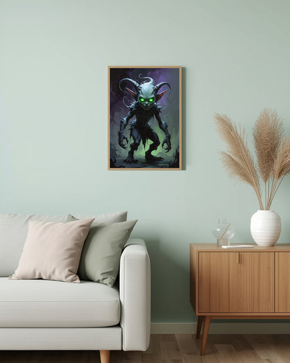 Dunkles Kunstwerk „Small Creature“ mit grünen Augen für ein geheimnisvolles und fantasievolles Ambiente