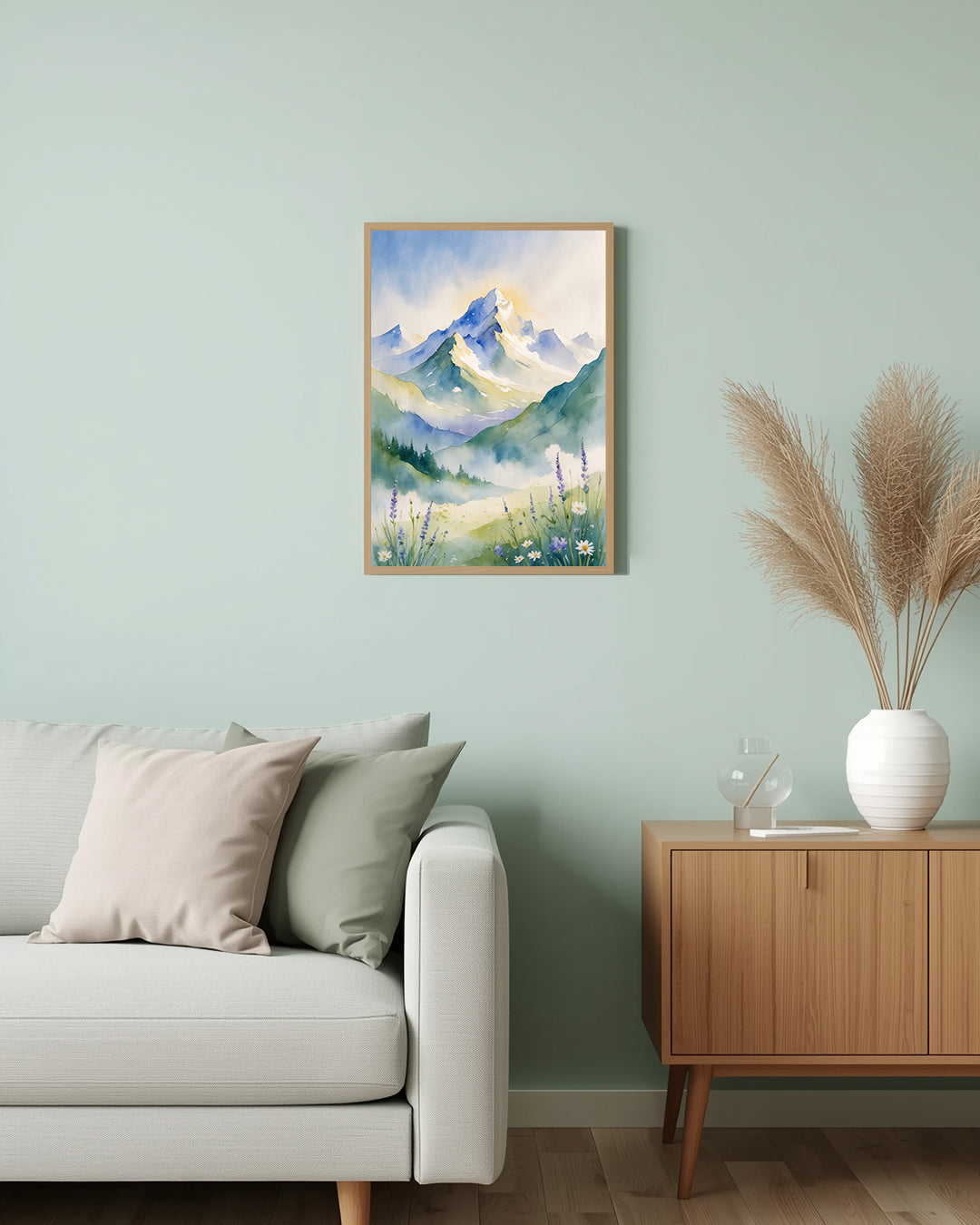 Aquarell „Watercolor Mountains“ Poster: Kunstdruck einer Berglandschaft für ein ruhiges und elegantes Wohnzimmer