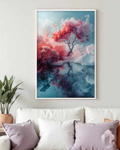 Kunstposter „Light Mirage“ – minimalistisches Design mit Eissee, Eisbergen und rosa Bäumen für stilvolle Wanddekoration.