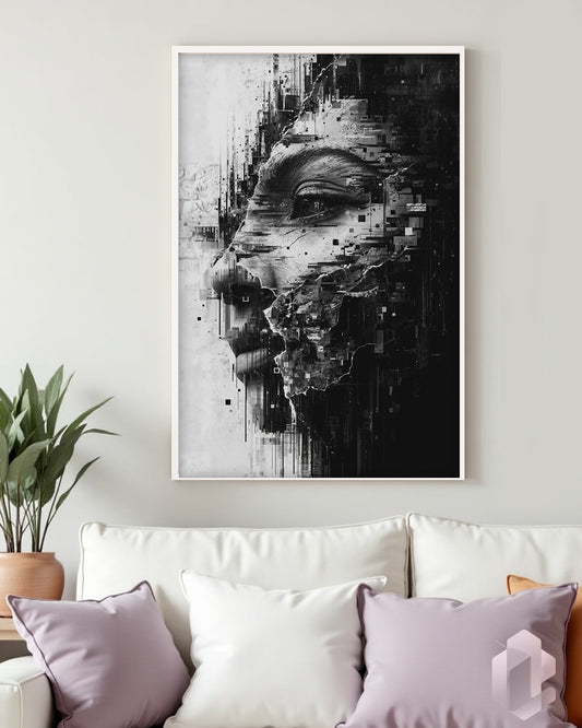 Kunstposter „Monochrom Glitch“ – digitales Kunstwerk mit Störungen, Kratzspuren und Tintenstrukturen für moderne Wohnräume.