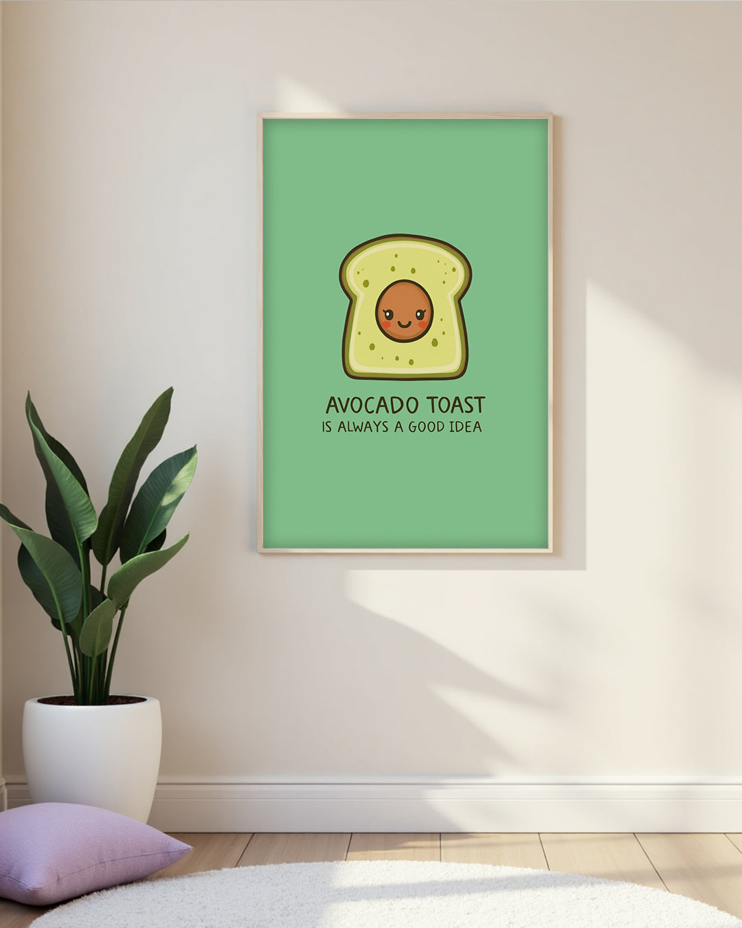 Humorvolles Poster „Avocado Toast“ – niedliches Typo-Design für gute Laune zuhause.