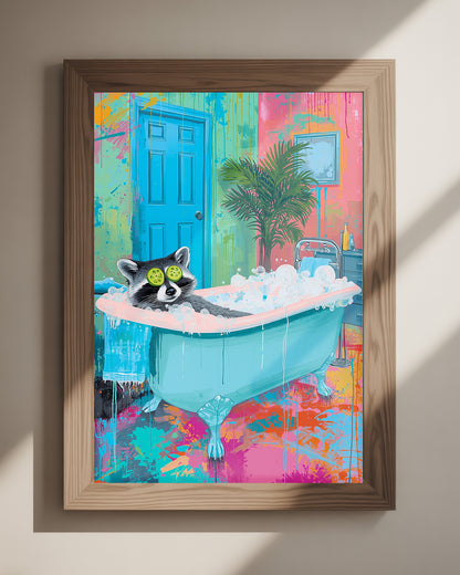 Poster Waschbär in Badewanne als humorvolle Wanddekoration für Badezimmer oder Gäste-WC 30x40 cm