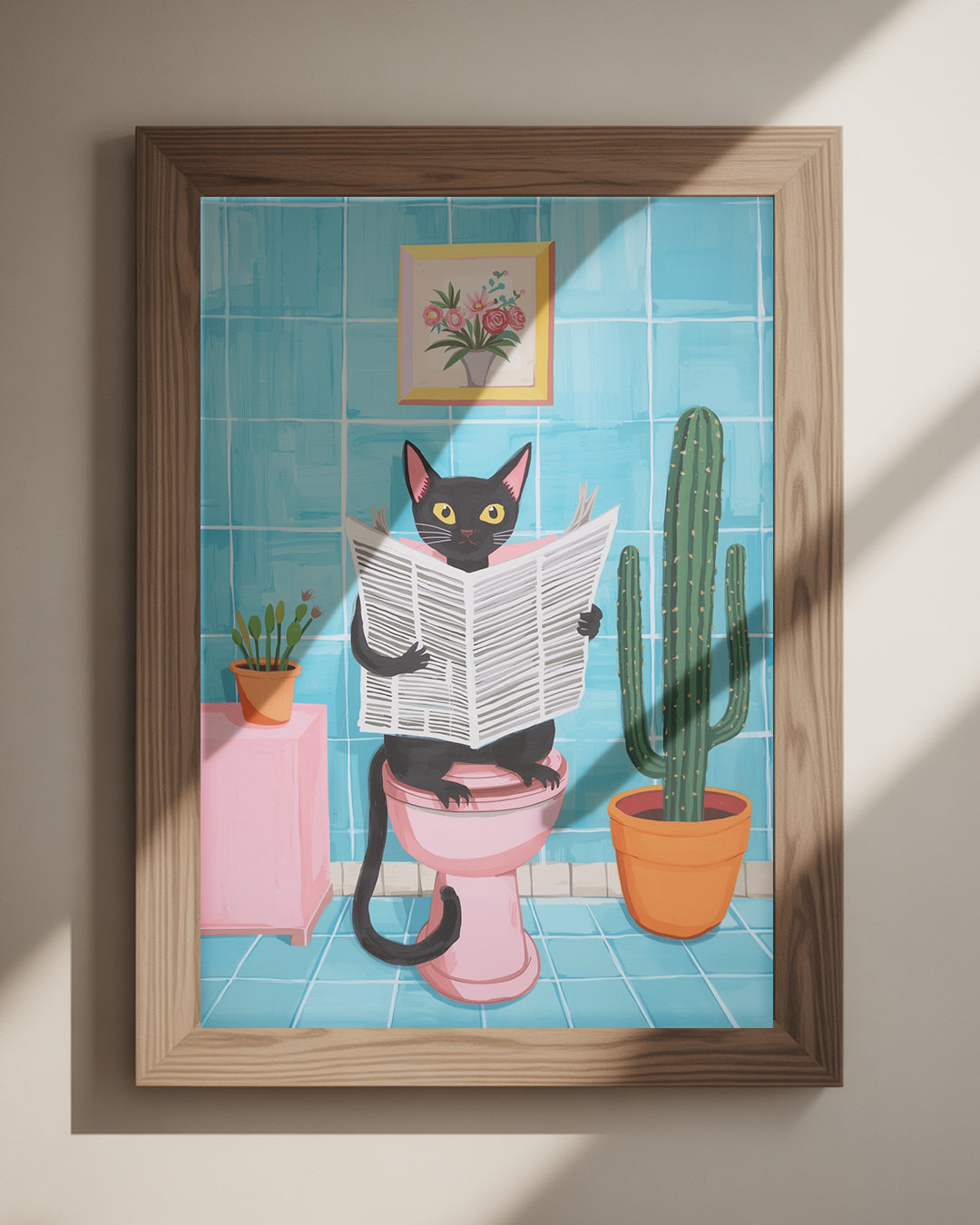 Buntes Tierposter schwarze Katze auf dem Klo – witziges Motiv 30x40