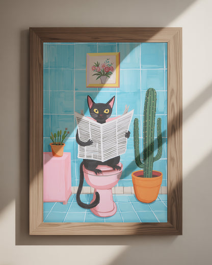 Buntes Tierposter schwarze Katze auf dem Klo – witziges Motiv 30x40