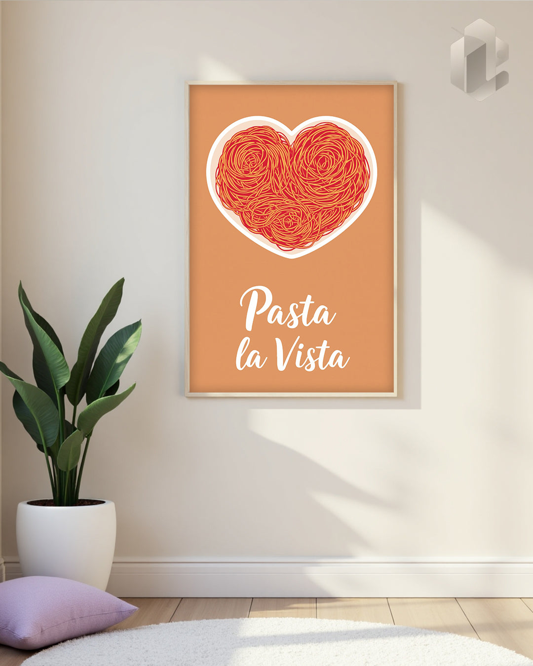Humorvolles Poster „Pasta la Vista“ – minimalistisches Typo-Design für italienisches Flair zuhause.