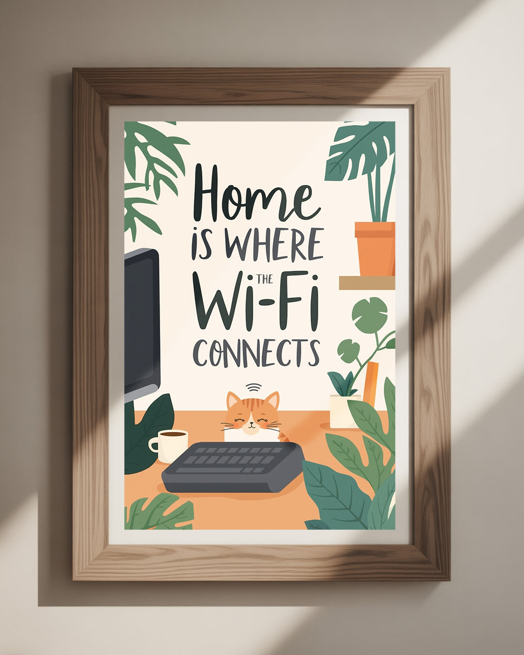 Witziges Spruchposter ‚Home is where the WiFi connects‘ als Wandbild 50x70 cm für Wohnzimmer oder Büro – ideal für eine moderne Einrichtung.