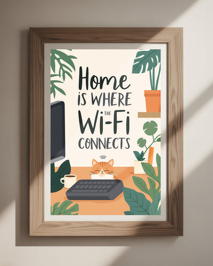 Witziges Spruchposter ‚Home is where the WiFi connects‘ als Wandbild 50x70 cm für Wohnzimmer oder Büro – ideal für eine moderne Einrichtung.