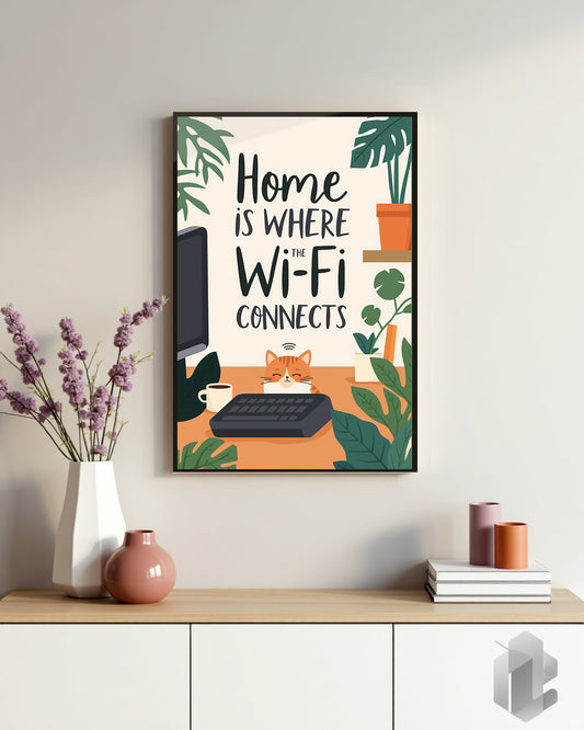 Lustiges Spruchposter „Home is where the WiFi connects“ – witzige Wanddekoration für Zuhause.