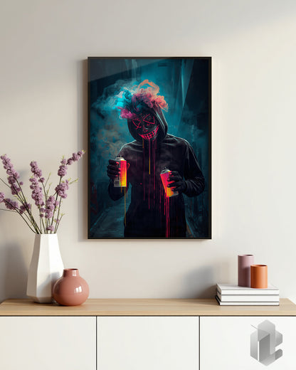 Poster „Masked Graffiti Artist II“: Neon-Graffiti eines maskierten Street-Art-Künstlers für deine Wandgestaltung.