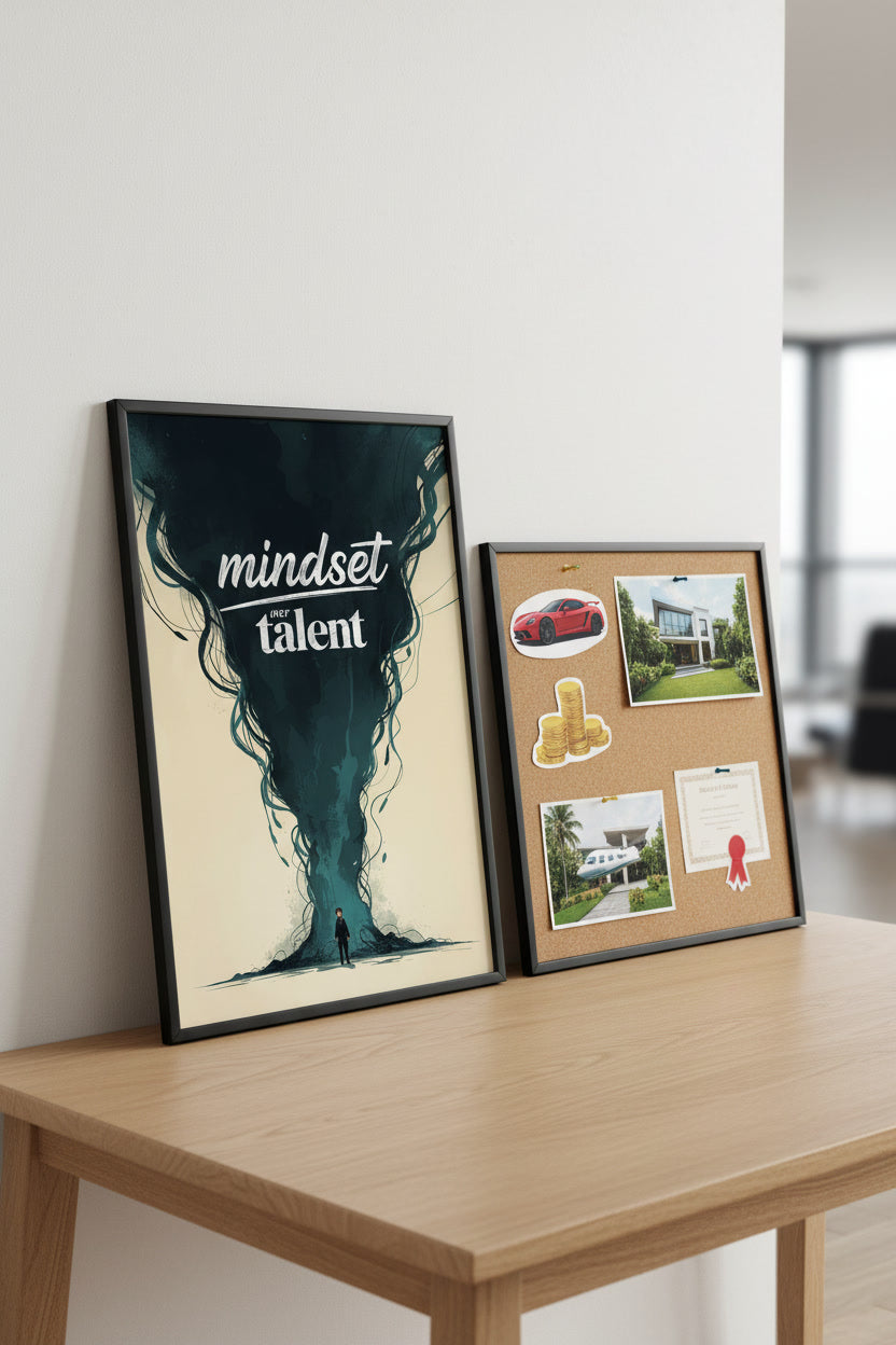 Mindset Poster gerahmt mit Dreamboard auf Schreibtisch
