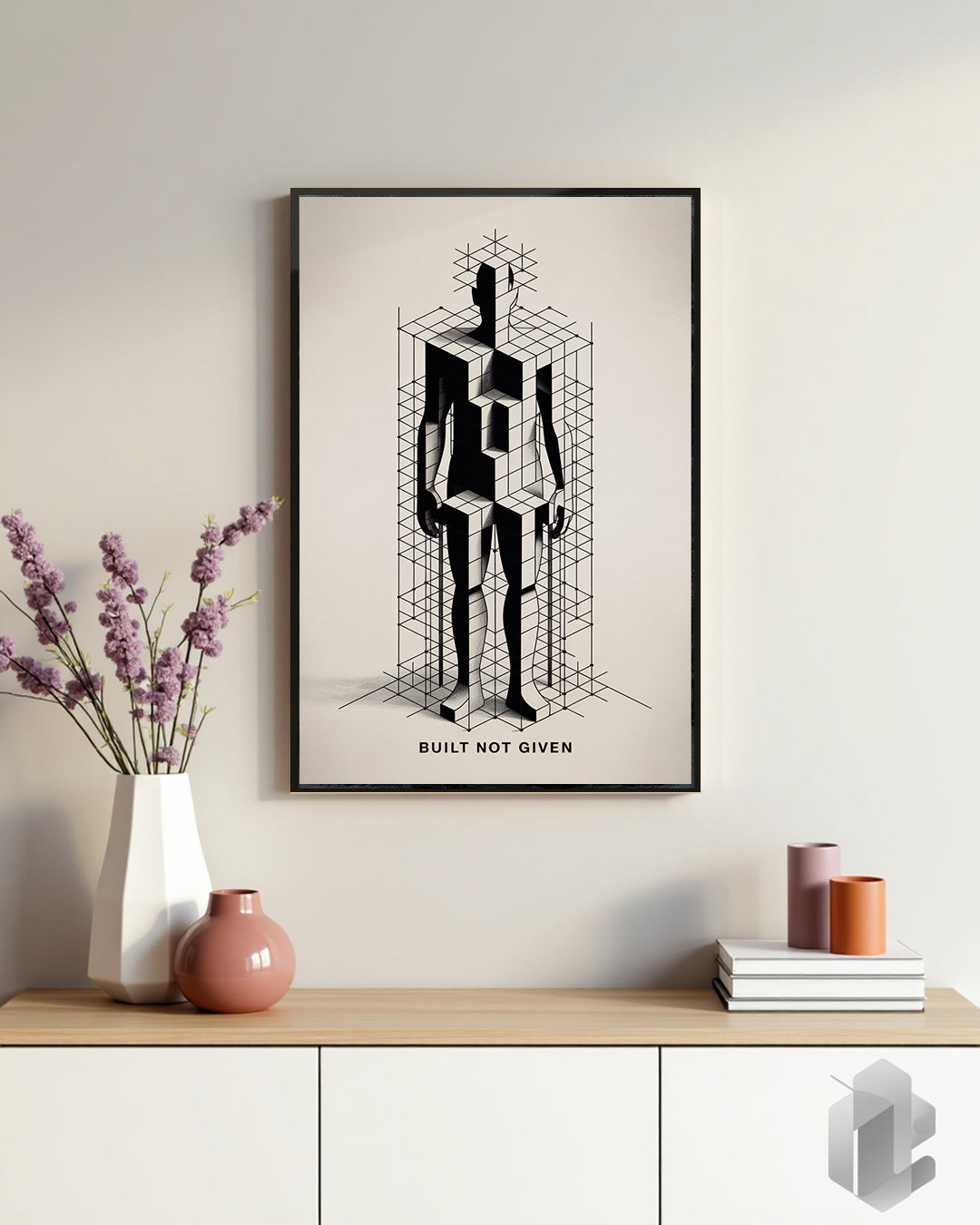 Minimalistisches Motivationsposter „Built Not Given“ mit Körper aus Würfeln Illustration