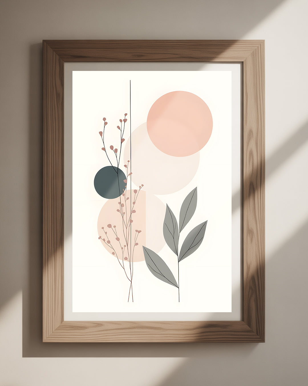 Round Shape Leafs II‘ Poster 30x40 cm – minimalistischer Kunstdruck mit geometrischen Blättern für das Wohnzimmer im Boho-Stil.