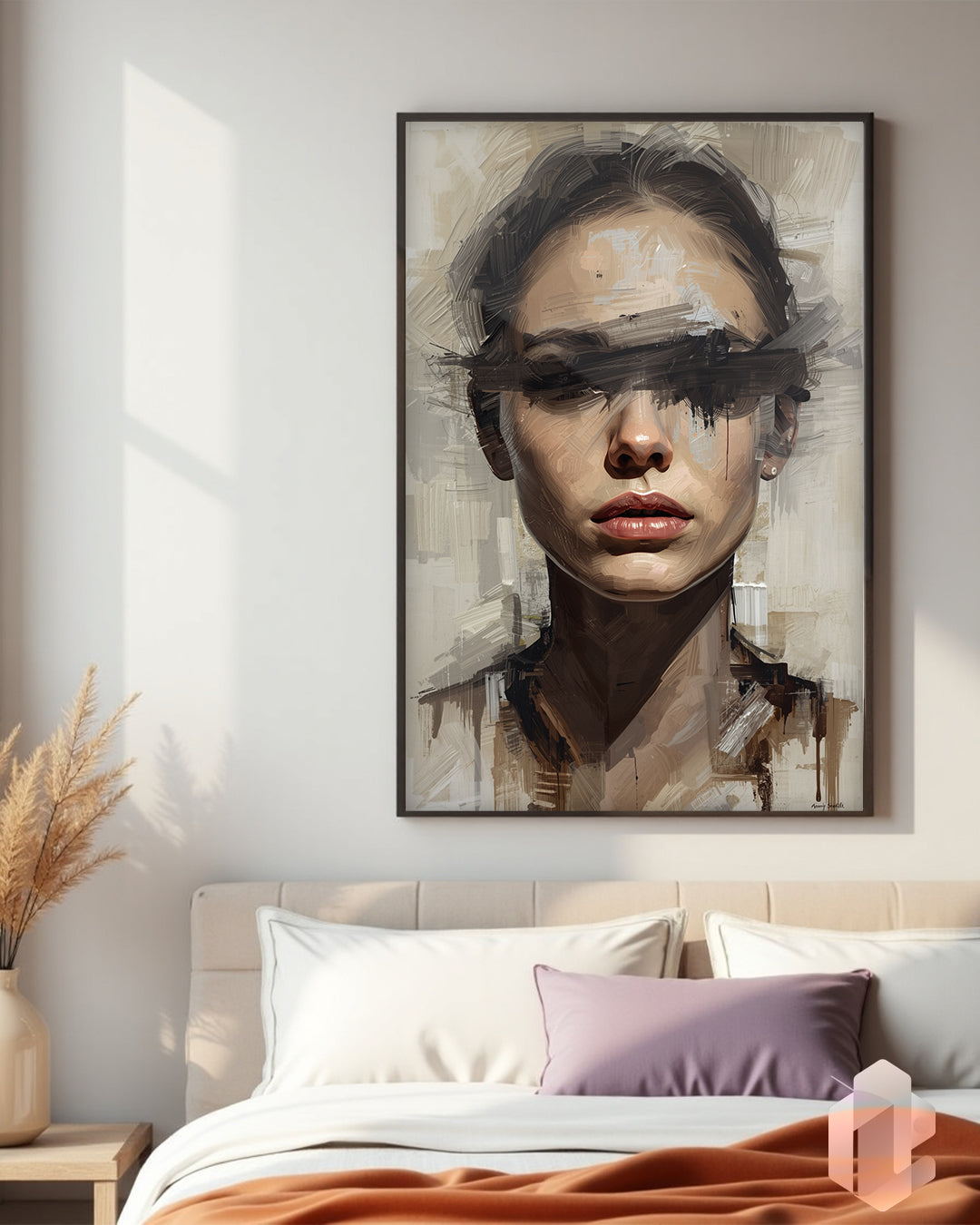Gerahmtes Poster: Blindfolded Woman Beige im Schlafzimmer