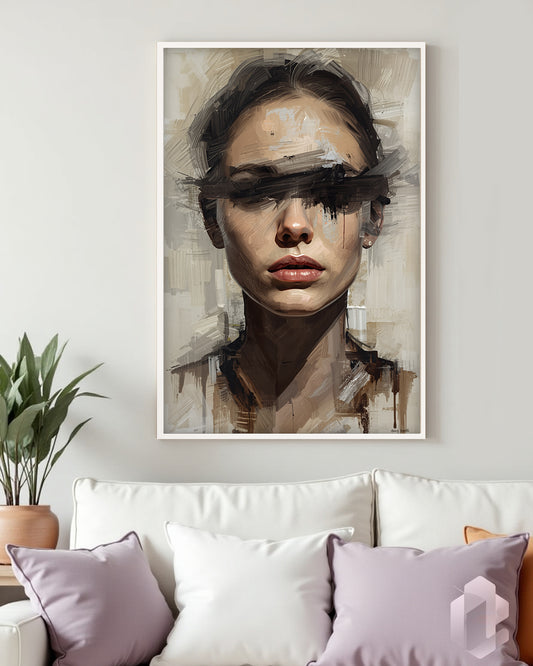 Gerahmtes Poster: Blindfolded Woman Beige Mockup Couch