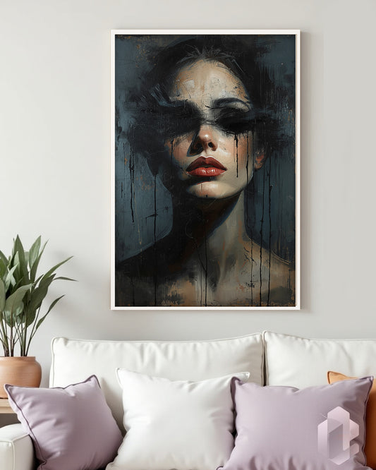 Gerahmtes Poster: Blindfolded Woman Mockup Couch